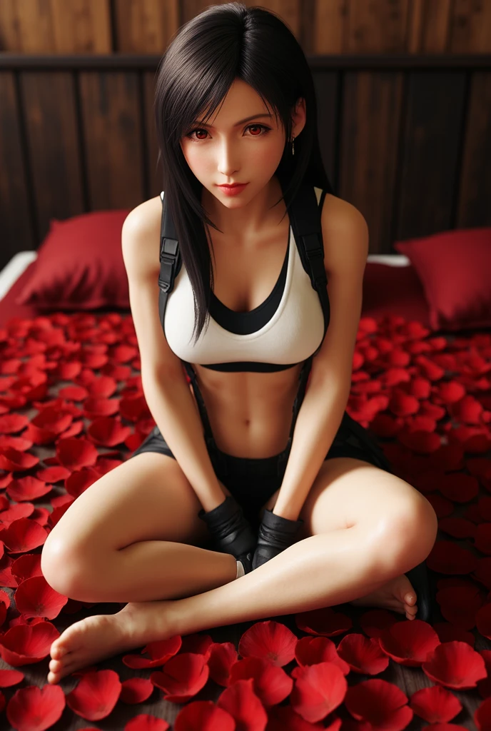 (top quality, masutepiece: 1.1), (Realistic: 1.3), BREAK (((FF7,Tifa_lockhart))),(solo,Tifa:1.2),kneeling,(boyfriend's clothes:1.3,oversized baseball uniform:1.3, stripe,bottomless:1.3),bare breasts ,(her bedroom, indoor),(sexy pose:1.2),Ultra-detailed face, Detailed eyes,Red eyes, BREAK (((FF7,Tifa_lockhart))),(black brown hair, Large breasts: 1.0), BREAK (no bra),(no panties),(Small and beautiful hard nipple),About 18 years old,kawaii,shy:1.1,happy, smiling,evil grin,aroused,