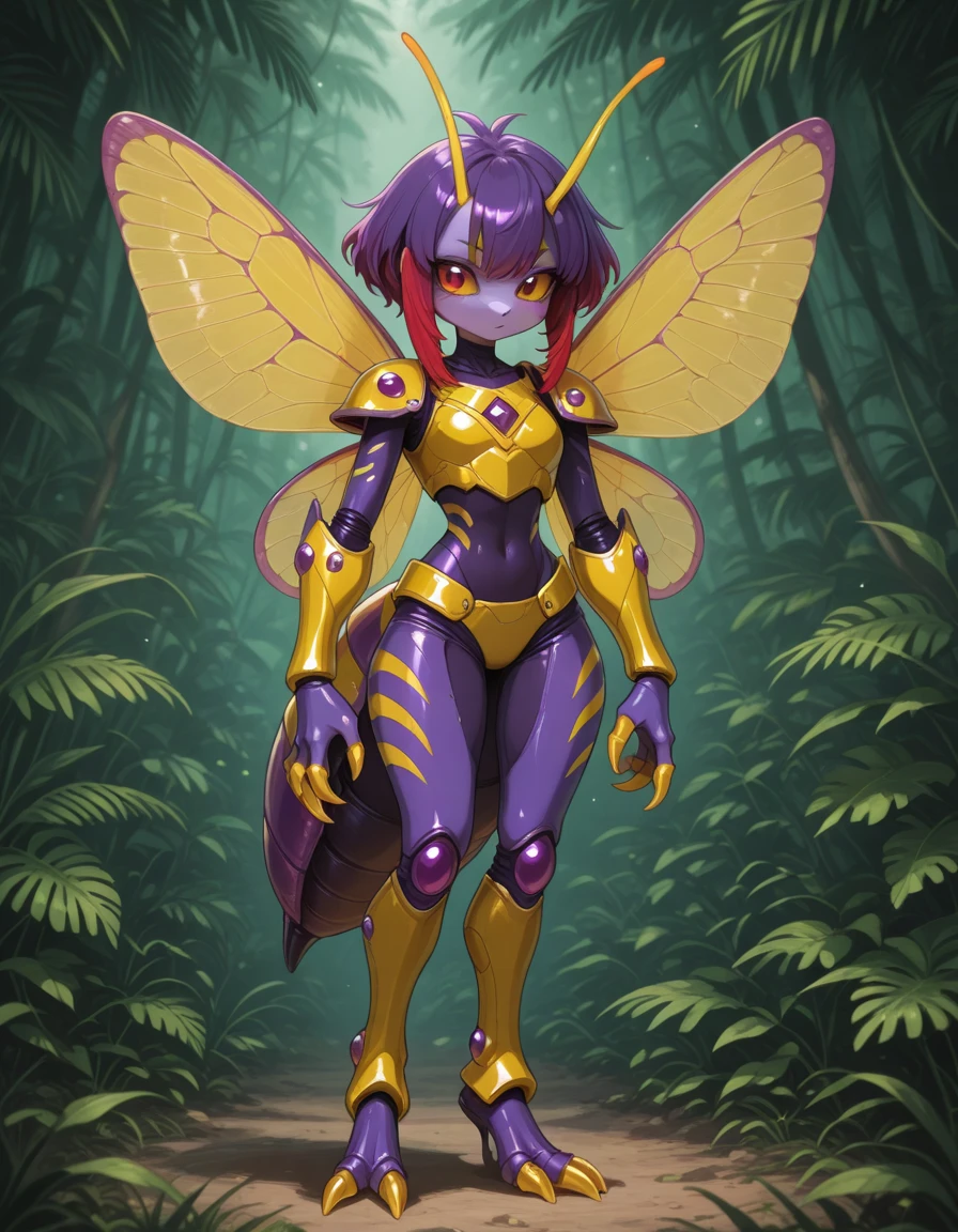 Kochou Shinobu as a Digimon, 1girl,masterpiece, multicolored hair, long sleeves, purple eyes, Insect , fairy  ,Butterfly like, digimon\(creature\),((Purple Skin)), Butterfly wing, Insectoid arms ((,insect limbs))
