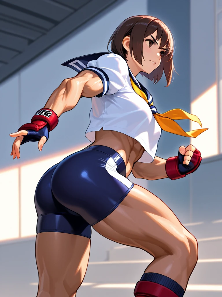 ((masterpiece)), (best quality), 1 girl, muay thai kickboxer girl, short brown hair, black eyes, tanned skin, teenager, lean body, white cropped tube top, (blue shorts), muay thai headband, white fingerless gloves, laying on the floor, defeated, midriff, navel, barefoot, 8k, detailed, ultra-detailed, absurdress