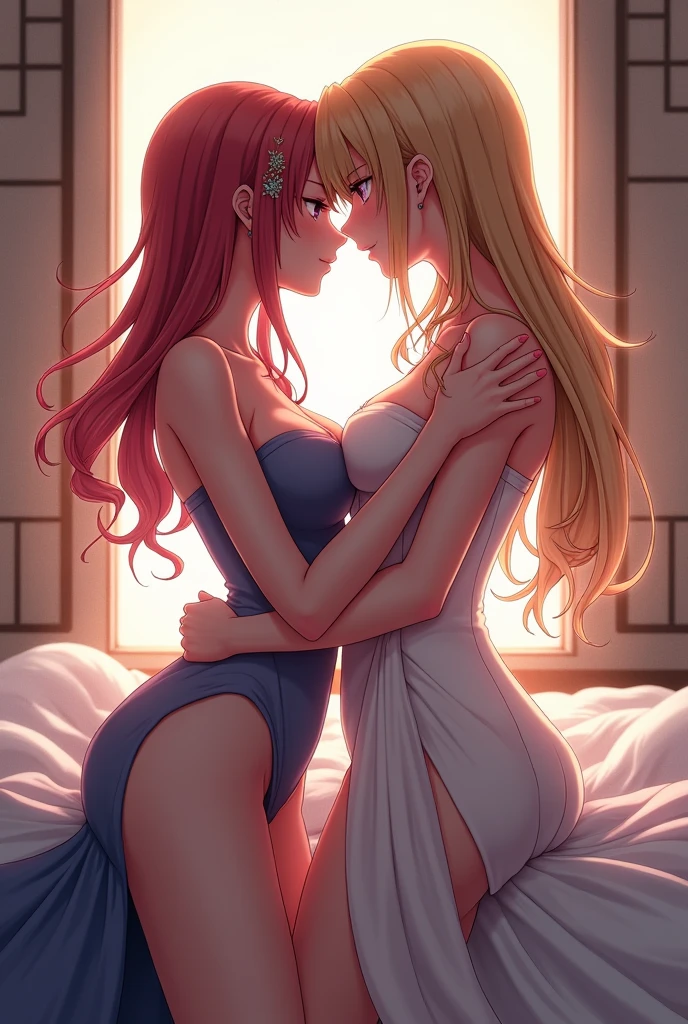 2 women, blonde very long hair, red eyes, wearing a sexy pink dress, side slit, ultrasharp, looking at the viewer, ((best quality)), ((masterpiece)), (detailed), perfect face, big breast, sexy body, sexy woman on top of her, hugged, An anime scene of two girls hugging and kissing intensely, with hearts and sparkles floating around them as they lie down on beach