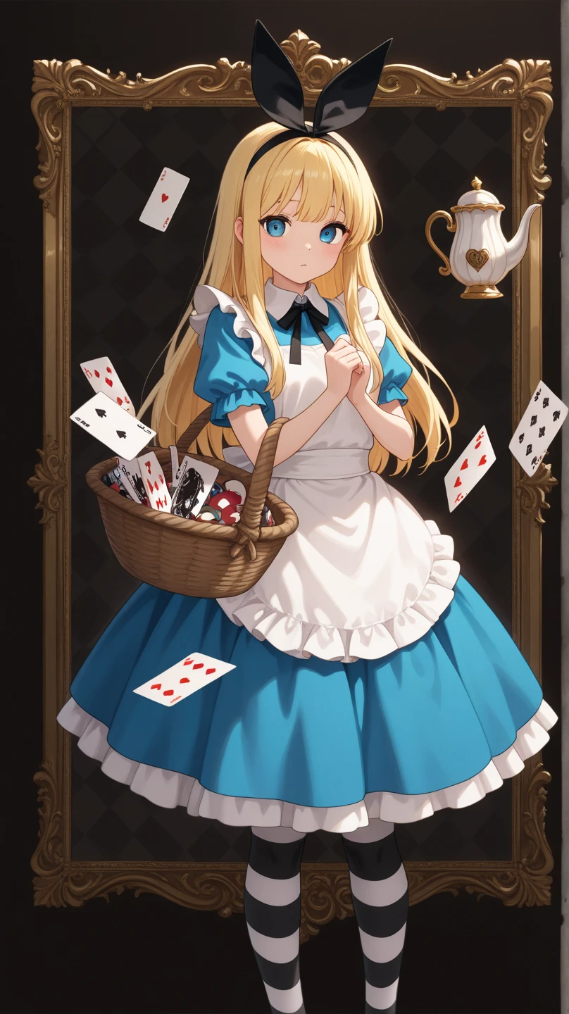 masutepiece, Fine detail, 4K, 8K, 12K, Solo, Solo, Beautiful Girl, caucasian female,a blond、long、Rabbit ear headband、 Alice in Wonderland, PlayingCards, teacup, alice in the wonderland、児童書