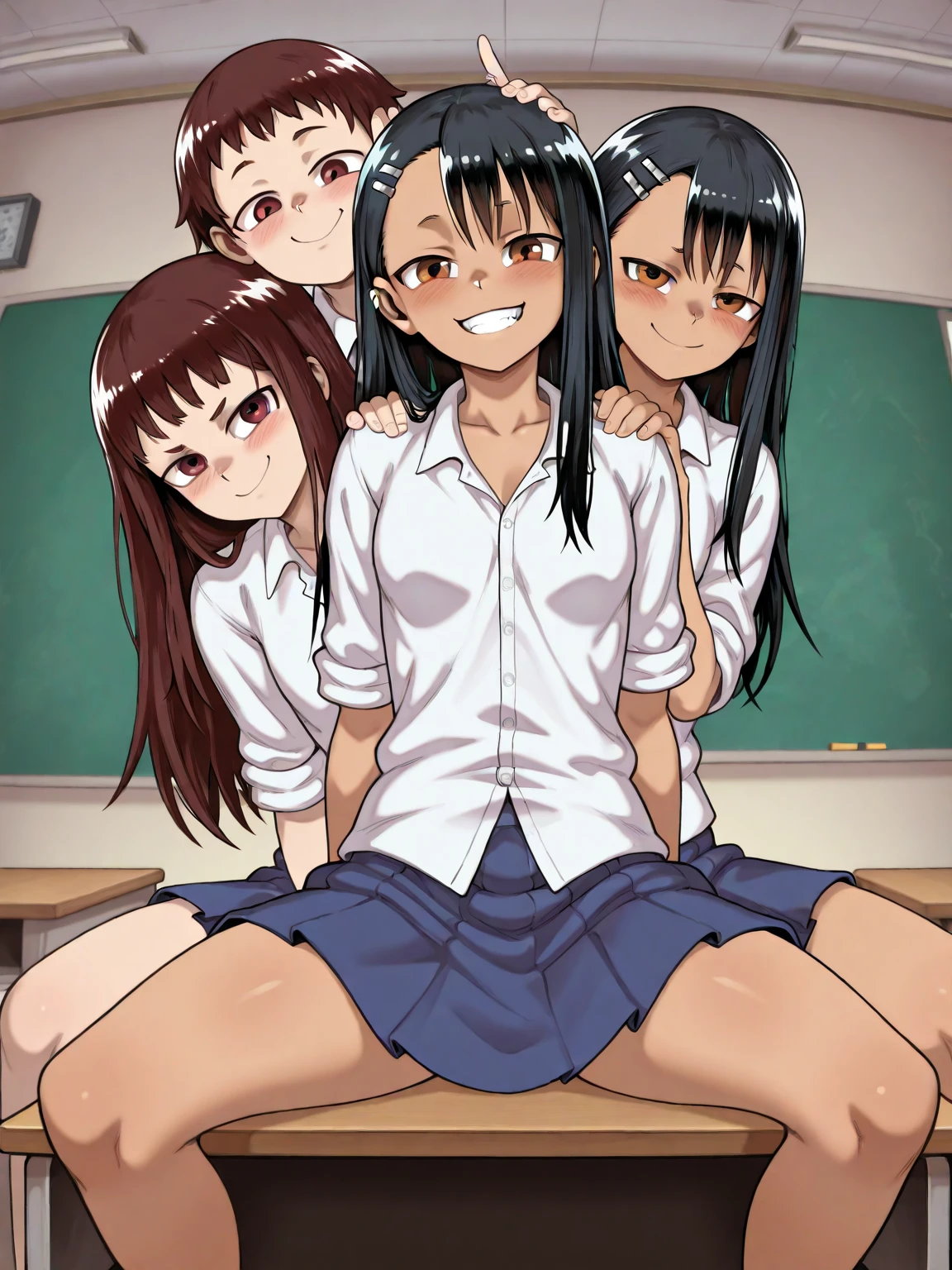 shinkai makoto, Kimi No Na Wa., 
Detailed Background、Beautiful and elaborate face、Beautiful, smooth skin、Skin Texture、Beautiful teenage girl、((Three beautiful girls))、Short black hair、Cute hairstyle、smile、Laughter、sexual expression、Sailor suit,Pleated skirt,Nipples,Nipples,Pussy,Pussy,Indoor shoes,Spread your legs,Show your crotch,,Open up,Pussyひらく,Love juice,,