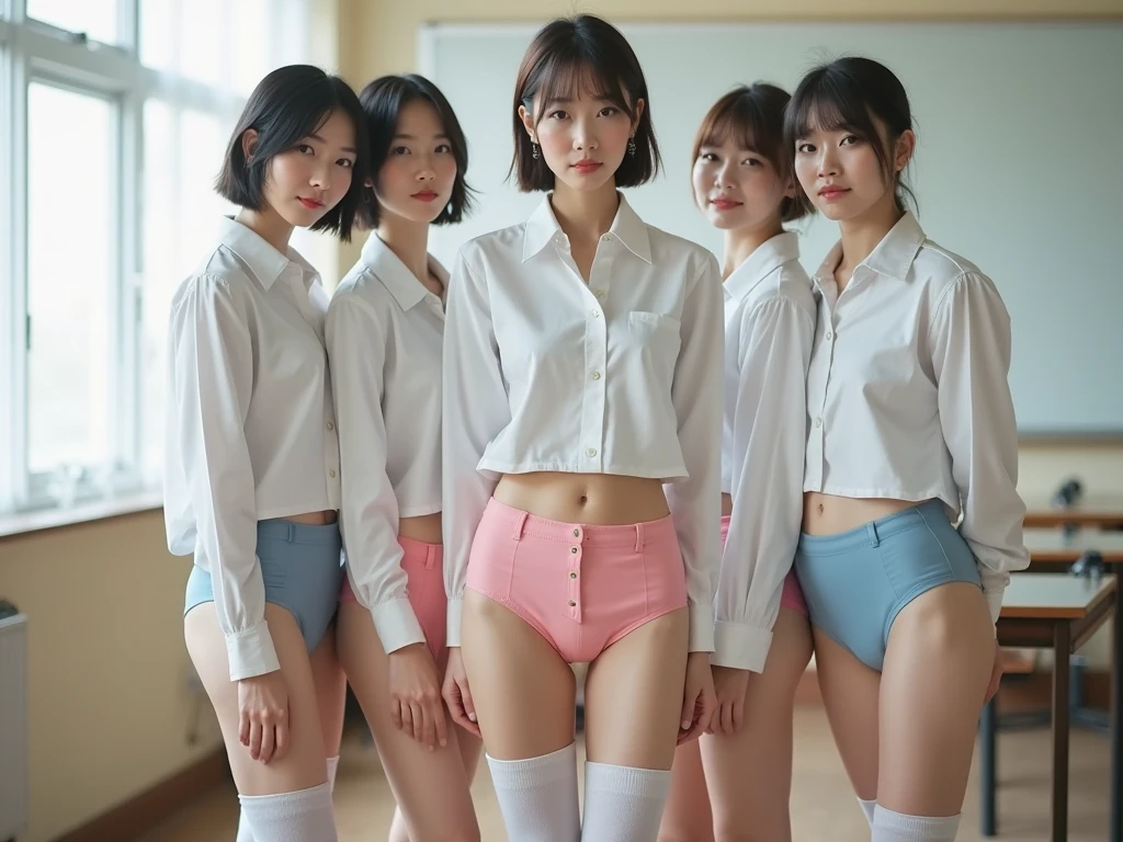 A group of three or more Japanese girls, All looking at the viewer, In a large office, (All smiles), Highest Resolution, masterpiece, (All the girls wear long-sleeve pastel-colored tight knit sweater and panties), (All wearing earrings), ((All sweating)), All shiny skin, Hair tied up, Bangs down, (All embarrassed and shy)