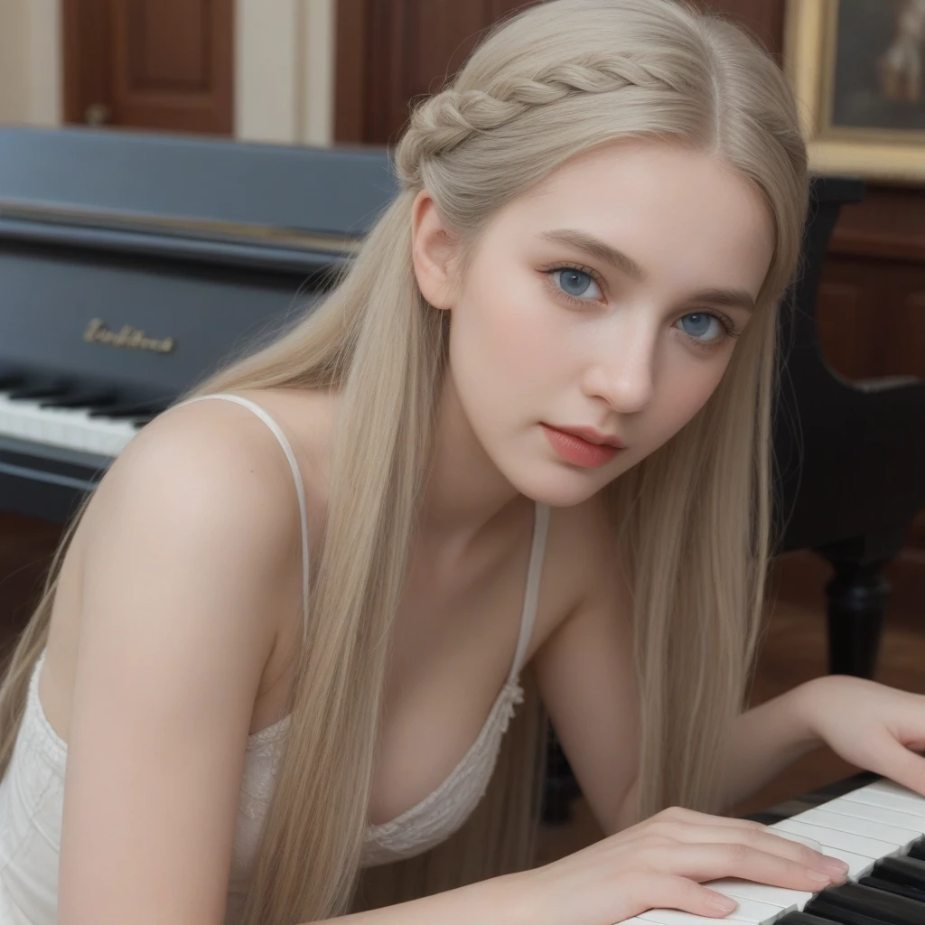 playing piano((best quality, 8k, masterpiece: 1.3)), ((beautiful russian woman)), 1 female, small breasts: 1.3, slim figure: 1.1, toned abs, Blonde semi-long hair, ), Super detailed face, Detailed lips, delicate eyes, double eyelids, Realistic photo