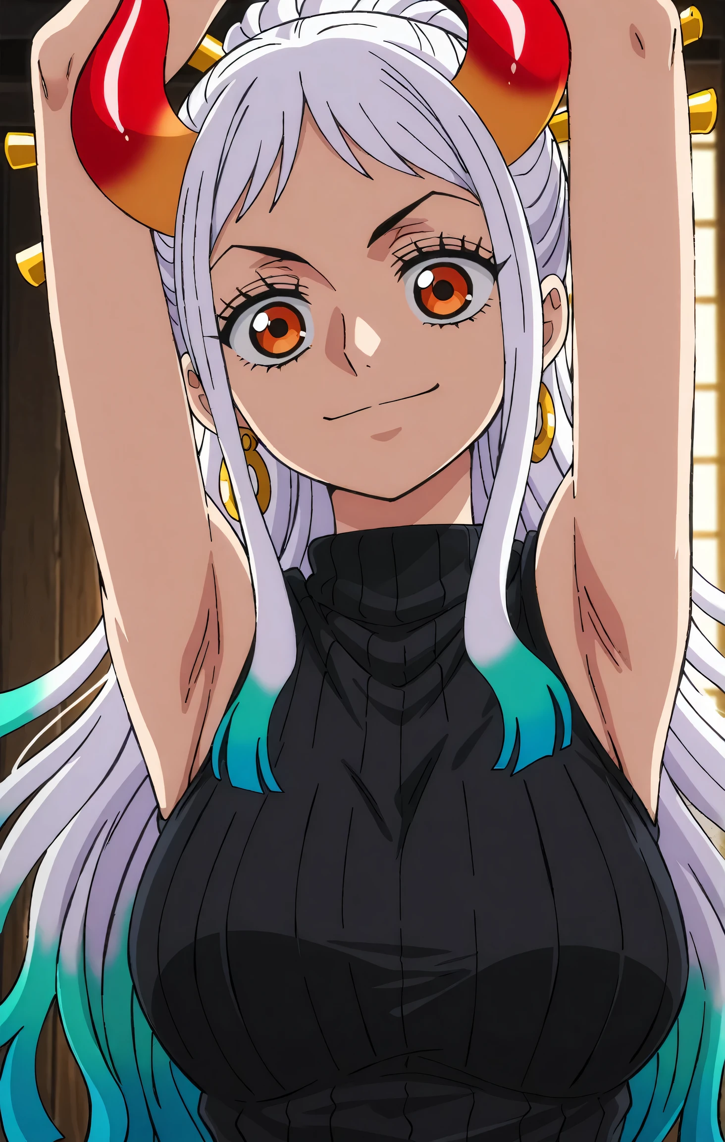 masterpiece, best quality, amazing quality, light source in front, anime screencap, anime coloring, 1girl, solo, yamato, long hair, ponytail, multicolored hair, white hair, aqua hair, orange eyes, medium breasts, earrings, horns, colored horns, hair stick, black sweater, sleeveless sweater, ribbed sweater, turtleneck, arms up, raised arms, armpits, armpits focus, head towards viewer, looking at viewer, direct eye contact, smile, confident, closed mouth, indoors,