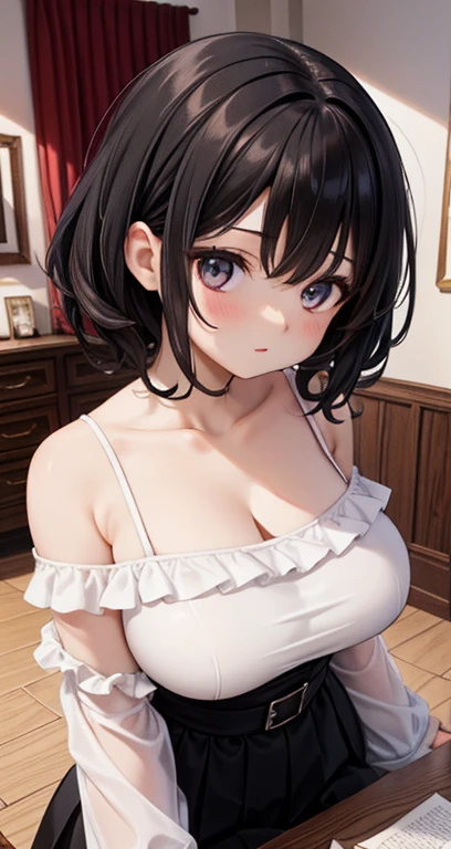 (from above:1.0),(from side:0.9),masterpiece, 1girl, Amazing Cleavage:1.1, thin waist, big ass, Raised sexy, small breast: 1.3, posed cleavage:1.2、solo, looking at viewer, open mouth, have a cute grass of cute beergrass,black hair, dark green eyes, dress, bare shoulders, jewelry, collarbone, sidelocks, hairband, earrings, indoors, off shoulder, :o, sweater, arms behind back, plant, short hair with long locks, gild hairband, off-shoulder dress, sweater dress, off-shoulder sweater, red sweater, dark gord hair, big side hair, very long side hair,is rendered in (masterpiece: 1.2, best quality), with (ultra high resolution) and an exquisite (depth of field). This masterpiece is not only visually stunning but also tells,A scene of cooking in the kitchen by classroom