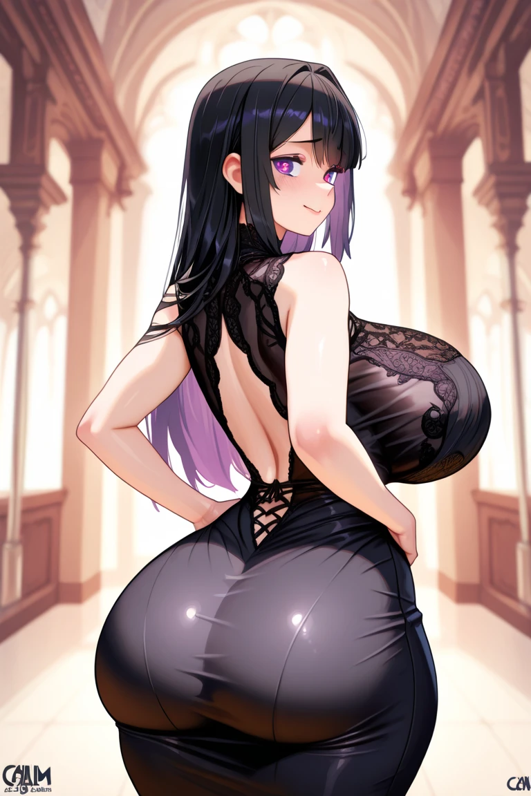 a girl wearing a chocker, black and purple lace outfit, gothic earrings, posing Infront of a garden, night sky, stars in sky, colorful animation stills, red dark mid length hair, blue eyes, gothic, curvy, cute adorable face, seductive eyes gaze, cutsie, looks 16 years old, gothic aesthetic. Full body picture, sexy, seductive, night lighting, curvy body, busty, thicc butt, Great shading, shadows, butt shadow, butt detail, round butt, huge butt, massive ass, massive bum. Photo from the front, frontshot
