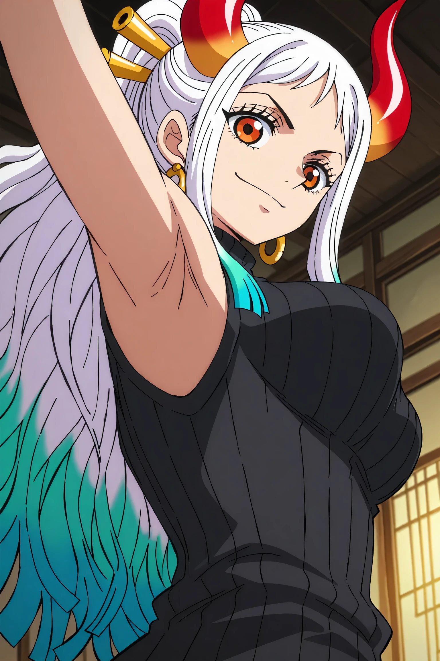 masterpiece, best quality, amazing quality, light source in front, anime screencap, anime coloring, 1girl, solo, yamato, long hair, ponytail, multicolored hair, white hair, aqua hair, orange eyes, medium breasts, earrings, horns, colored horns, hair stick, black sweater, sleeveless sweater, ribbed sweater, turtleneck, arm up, raised arm, armpit, armpit focus, head towards viewer, looking at viewer, direct eye contact, smile, confident, closed mouth, indoors, from side, from below, from behind
