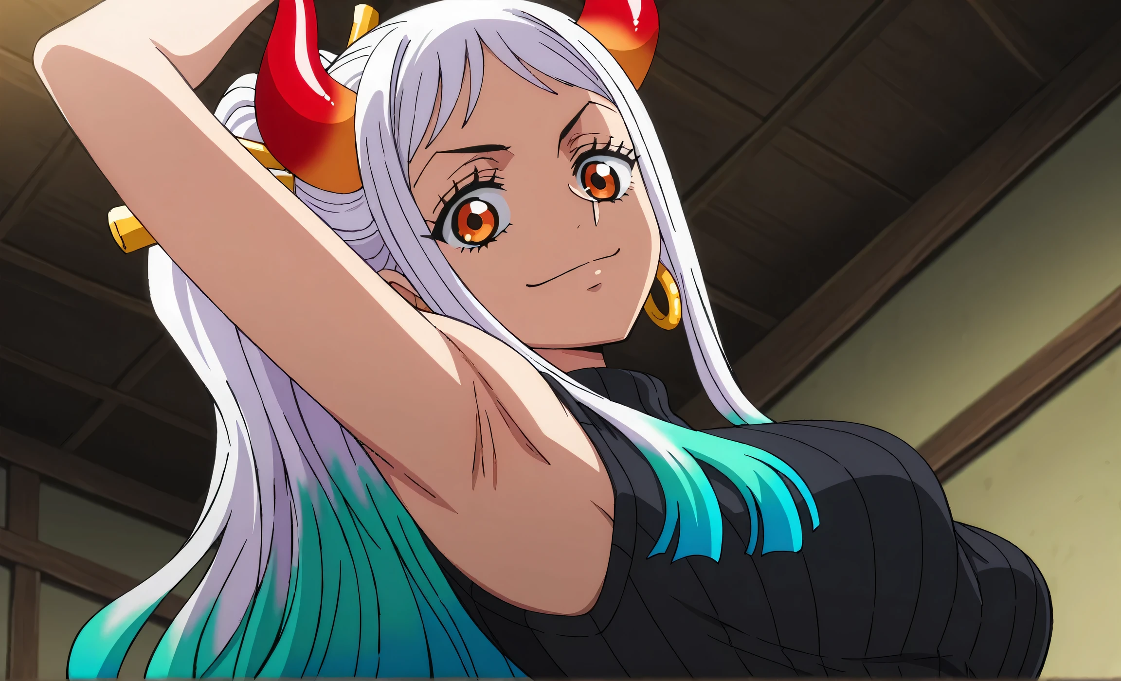 masterpiece, best quality, amazing quality, light source in front, anime screencap, anime coloring, 1girl, solo, yamato, long hair, ponytail, multicolored hair, white hair, aqua hair, orange eyes, medium breasts, earrings, horns, colored horns, hair stick, black sweater, sleeveless sweater, ribbed sweater, turtleneck, arm up, raised arm, armpit, armpit focus, head towards viewer, looking at viewer, direct eye contact, smile, confident, closed mouth, indoors, from side, from below,