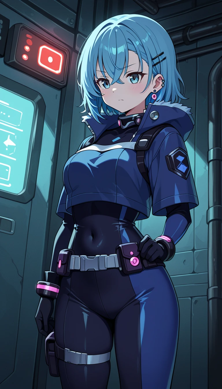 ((masterpiece)), (best quality), official art, extremely detailed CG, unity 8k wallpaper, ultra detailed, highly detailed,
1girl, aqua bodysuit, iridescence jacket,
multi-tied hair, dark purple hair,
outdoors, spacecraft, science fiction, (day:1.3),
cowboy shot,
<lora:Bodysuit v13:0.8>