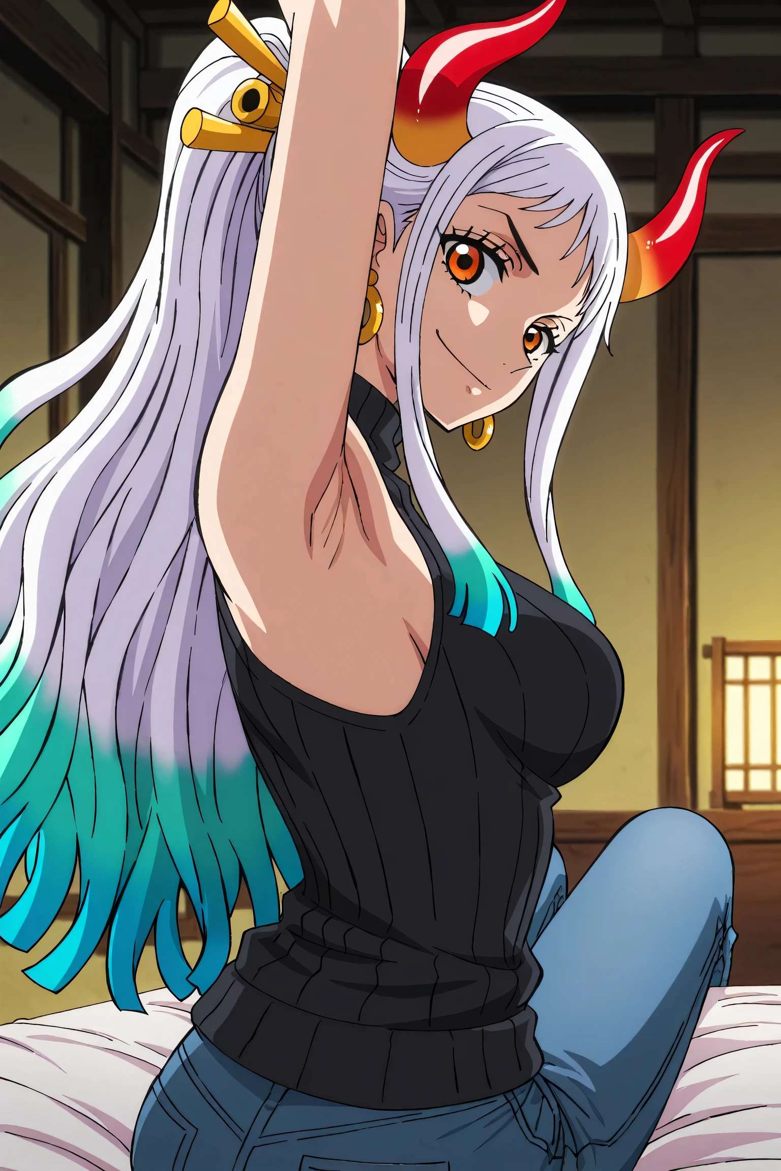 masterpiece, best quality, amazing quality, light source in front, anime screencap, anime coloring, 1girl, solo, yamato, long hair, ponytail, multicolored hair, white hair, aqua hair, orange eyes, medium breasts, earrings, horns, colored horns, hair stick, black sweater, sleeveless sweater, ribbed sweater, turtleneck, arm up, raised arm, armpit, armpit focus, head towards viewer, looking at viewer, direct eye contact, smile, confident, closed mouth, indoors, from side, from behind, sitting on bed, jeans