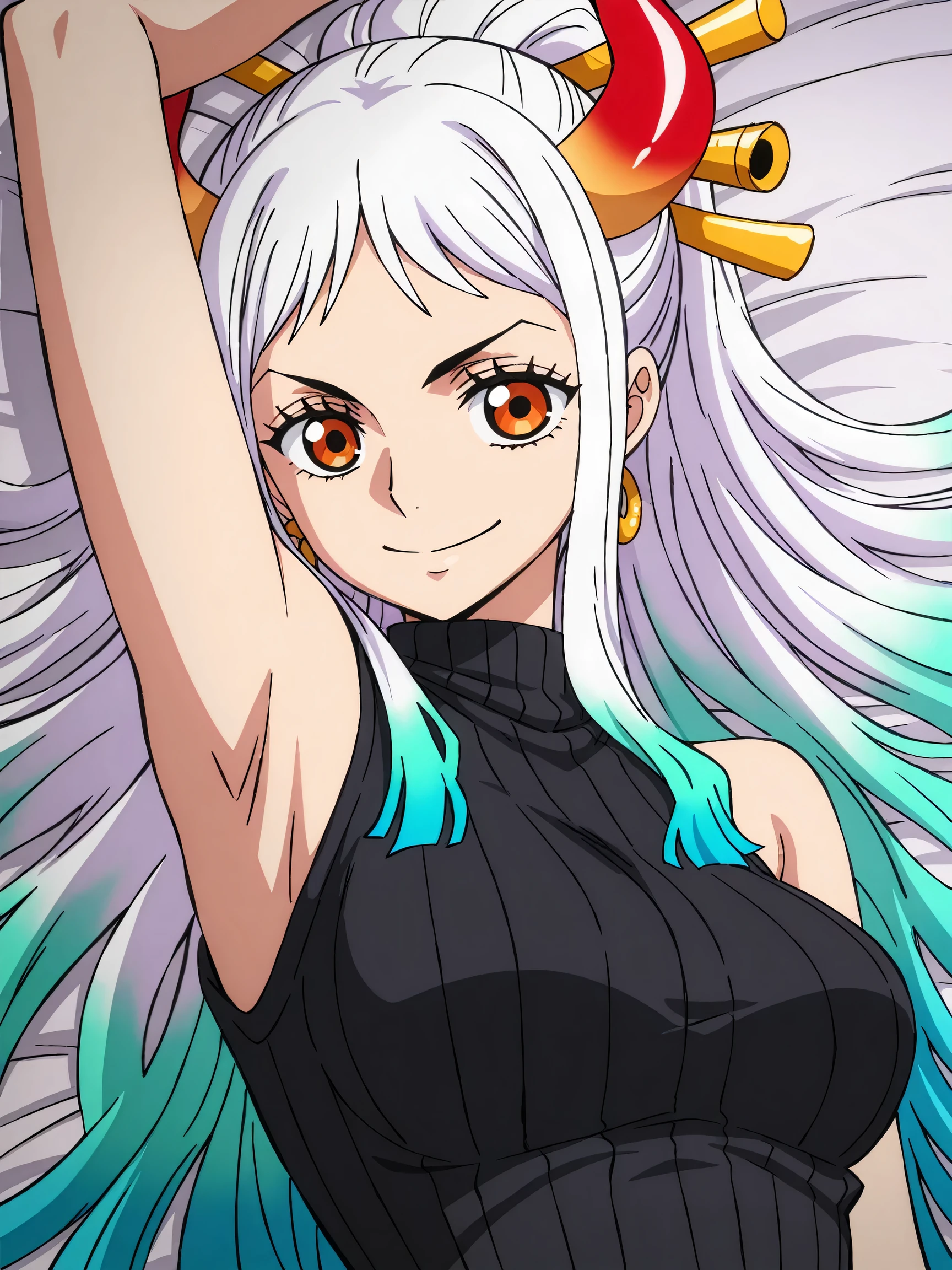 masterpiece, best quality, amazing quality, light source in front, anime screencap, anime coloring, 1girl, solo, yamato, long hair, ponytail, multicolored hair, white hair, aqua hair, orange eyes, medium breasts, earrings, horns, colored horns, hair stick, black sweater, sleeveless sweater, ribbed sweater, turtleneck, arm up, raised arm, armpit, armpit focus, head towards viewer, looking at viewer, direct eye contact, smile, confident, closed mouth, lying in bed