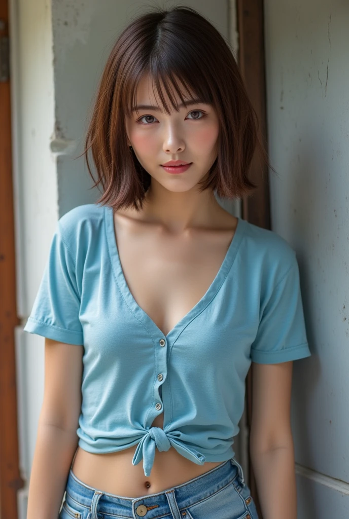 Masterpiece,best quality,solo, one beautiful Japanese girl,13 years old,lonely smile,(black eyes,large eyes, half-open eyes, eyelids half-closed, glazed over, slanting eyes,sleepy eyes:1.5),(black soft hair,bob cut,straight bangs:1.5),(Infantile body,flat chest:1.5)