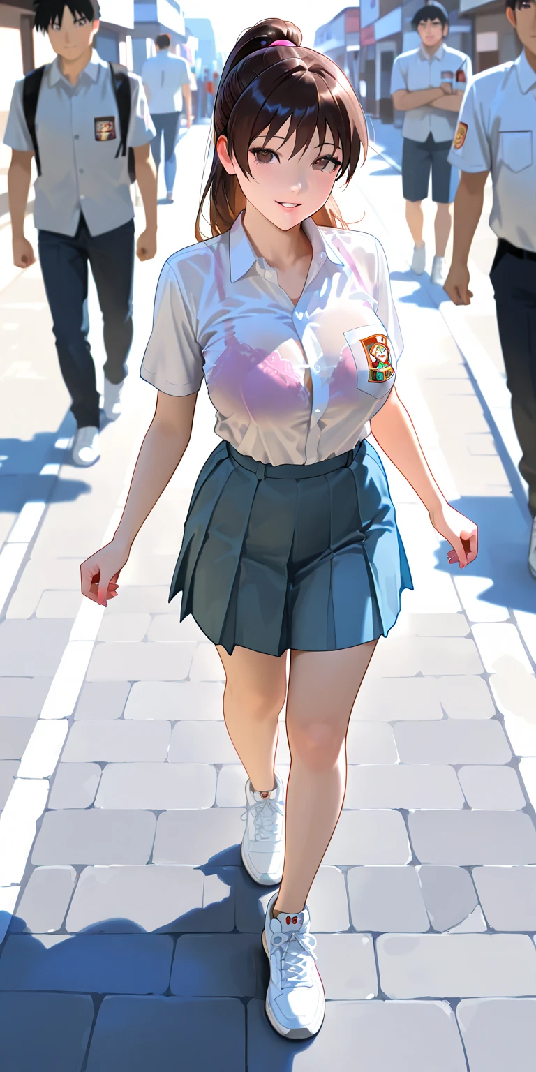 (best quality:1.5, highres, UHD, 4K, detailed lighting, shaders), blonde ponytail, earrings, large breasts, thighs, crotch, school uniform, skirt lift, (from below view, close shot, cum on crotch, blushing:1.3), street background, smiling
