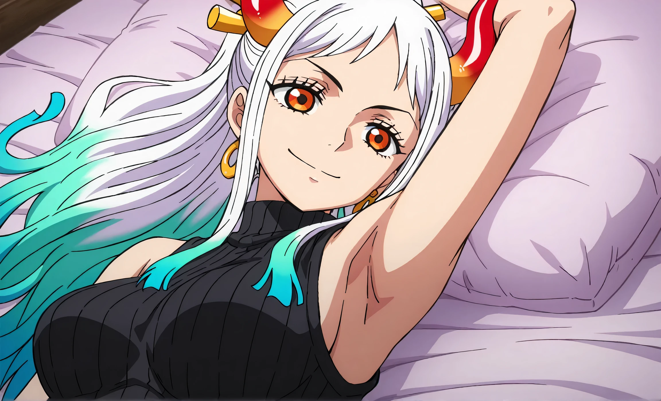 masterpiece, best quality, amazing quality, light source in front, anime screencap, anime coloring, 1girl, solo, yamato, long hair, ponytail, multicolored hair, white hair, aqua hair, orange eyes, medium breasts, earrings, horns, colored horns, hair stick, black sweater, sleeveless sweater, ribbed sweater, turtleneck, arm up, raised arm, armpit, armpit focus, head towards viewer, looking at viewer, direct eye contact, smile, confident, closed mouth, lying in bed ,from side, from above, pillow