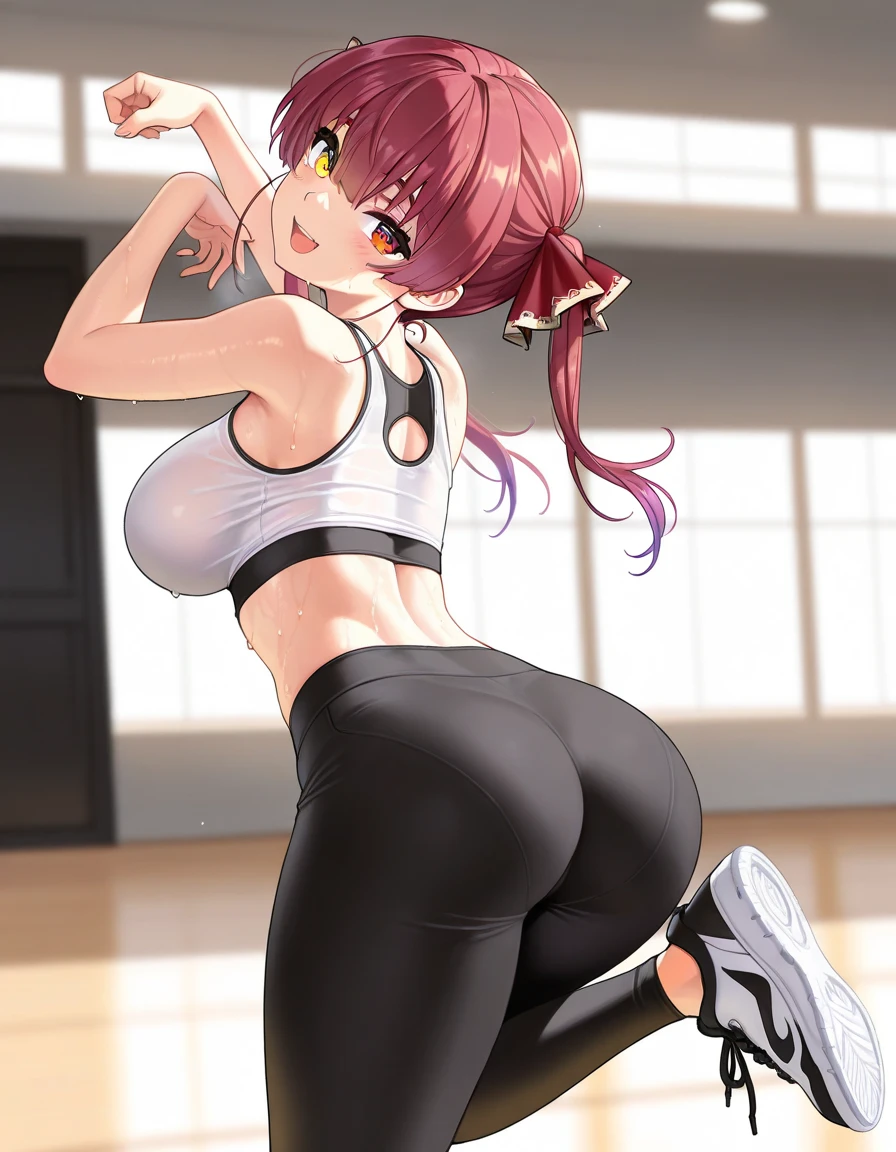 standing split pose, blush, sweaty, 8k, high resolution, high definition, high quality, cinematic lighting, church setting, athletic body, 
