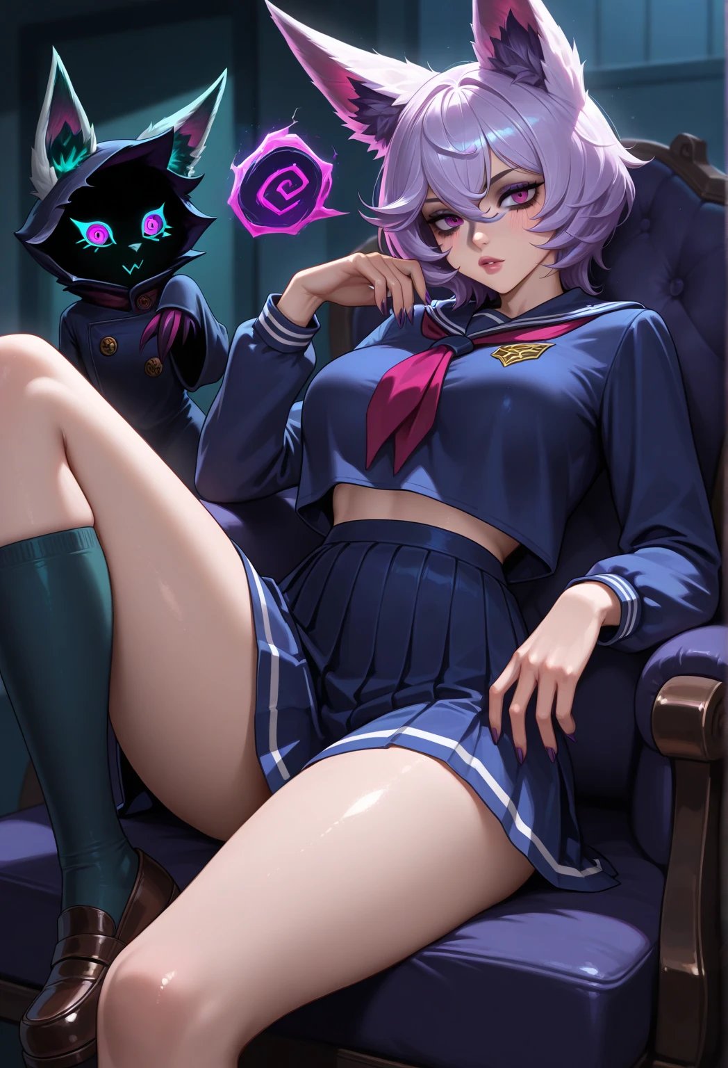 (score_9, score_8_up, score_7_up:1.5), (source_anime:1.5), (ai-generated:1.5), (insanely detailed:1.5), (PA7_Human-Likeness:1.5), (Brightly-lit:1.5), (Maximize Detail Slider:1.5), BREAK 1girl, breasts, (softly puck lips out:2.2), blush, black hair, bare thighs, sex, on side, lying, lying on side, vaginal, bare thighs, blazer, 1boy, (deep penetration:2.0), purple eyes, hetero, (thick thighs:1.2), penis, (interracial:2.0), puffy pussy lips, solo focus, blue blazer, spread legs, pleated skirt, collared shirt, uncensored, bowtie, blue nails, straight hair, full body, striped skirt, (score_9, score_8_up:1.1), komi shouko, komi-san, komi can't communicate, tag veiny.
