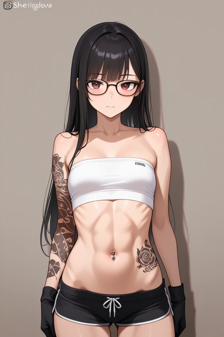 1 milf, long black hair, very big breasts, wearing glasses, smiling, sixpack, wearing sports bra, wearing sweatpants