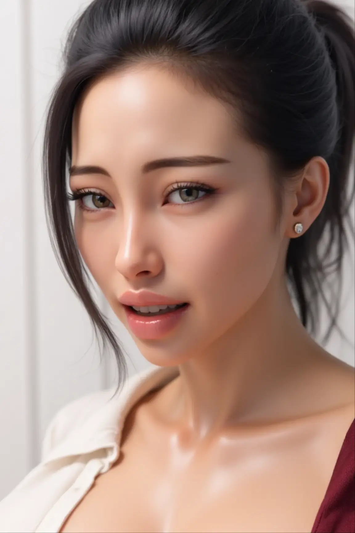 upper body, masterpiece, best quality, raw photo, photorealistic, big, face light, shiny skin, high resolution, super detail, detail, detailed eyes and face, sharp pupils, realistic pupils, sharp focus, evil smile, night scene, brown hair, dress, bob, close-up