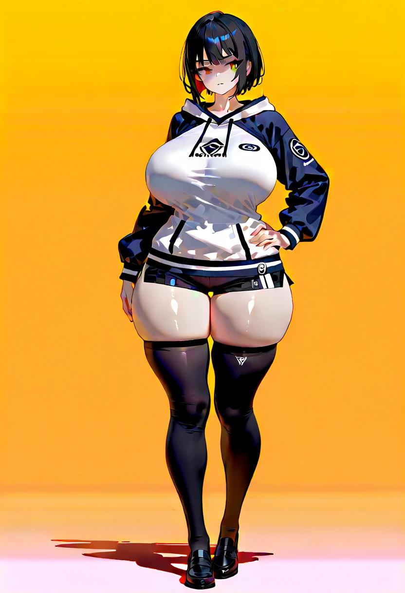 1girl, spiked hair, very short hair, yellow eyes, tan, tan skin, tan-skinned female, black hair, pixie cut, large breasts, hourglass figure, thick thighs, smile, smirk, smug, toned, white shirt, jacket, sneakers, black jacket, shirt, short pants, shorts, standing, full body, thighhighs, black thighhighs, fingerless gloves, ((full body))