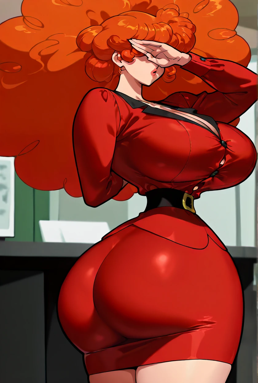 Code geass, Kallen kozuki, 1girl, (((bimbo))), blue eyes, short hair, red hair, puffy lips, painted lips, thick lips, wide hips, thick thighs, big breasts, huge ass, revealing cleavage, erotic, Smile face, bubble butt, camel toe, hanging breasts, dressing room, red bunny suit, revealing cleavage, revealing clothing, 