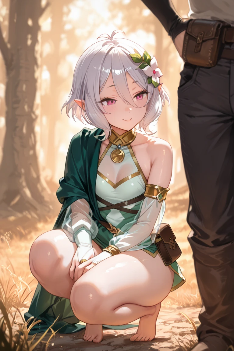 masterpiece, best quality, kokkoro, solo, (little girl),
 seductive smile, :o, flat chest, squatting, (open clothes), (clothes lift), nipples show off, pussy, meadow,