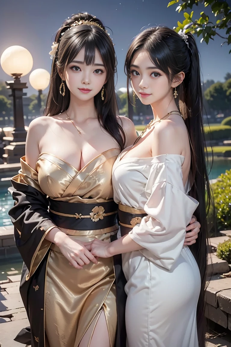 (((Two Chinese beauties)))、21 years old、(Very heavy makeup:1.2)、(Slanted Eyes:1.3)、(long narrow eyes:1.3)、Shiny Hair、Glowing Skin、Very white skin、Jet Black Hair、Straight long hairstyle、Big eyes、Double eyelids、Luxury Chinese palace、(The two of them stand side by side in the palace corridor)、Golden Hair Ornament、(The queen's costume)、Luxurious and gorgeous、(huge breast:1.2)、(Exposed Skin:1.6)、(Smile with your mouth closed)