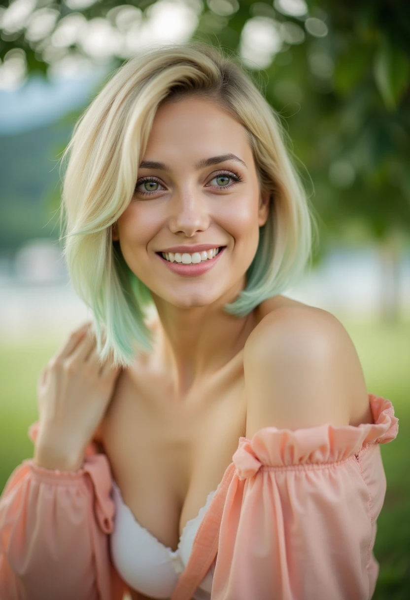 (RAW photo, best quality, masterpiece: 1.2), (photorealistic: 1.4), best lighting, 20 years old, (light gray hair, short bob cut, hair in 7 thirds, hair over one ear, Symmetrical eyes, fair skin, solo, Detailed Skin, Detailed Background:1.2), Smiling, hair up, eyes closed, squatting in front of a flower shop filled with flowers, outdoors, one hand on chin, turquoise blue tight shirt, navy blue shorts, sandals, gel nails, jewelry