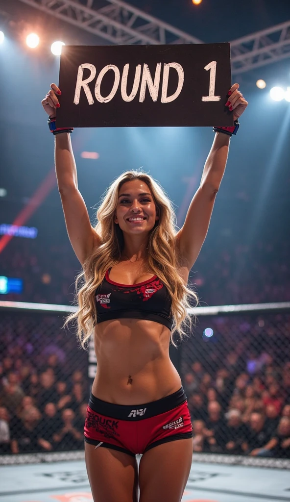 a photo of a blonde ring girl holding a sign, rnd3, at a riot, best quality, photorealistic, fine details <lora:r1ngg1rl:0.75>