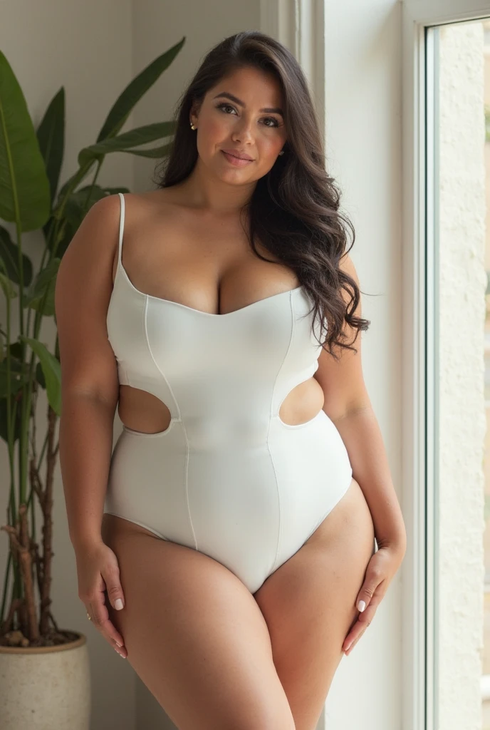 （One lady）,(attractive mature lady）、((BBW BBW:1.3))、(独奏)、((Plain swimwear))、(((Plain pure white swimsuit)))、（erect through）、A smile、top-quality、​masterpiece、brightly lit room、Messy room、(((noticeable bulge in the crotch area,,,,,,,,,,,,,,,,,,,,,,,,,,,,,,,,,,,,,,,,,,,,,,,,,,,,,,,,,,,,,,,)))、Tight swimsuit