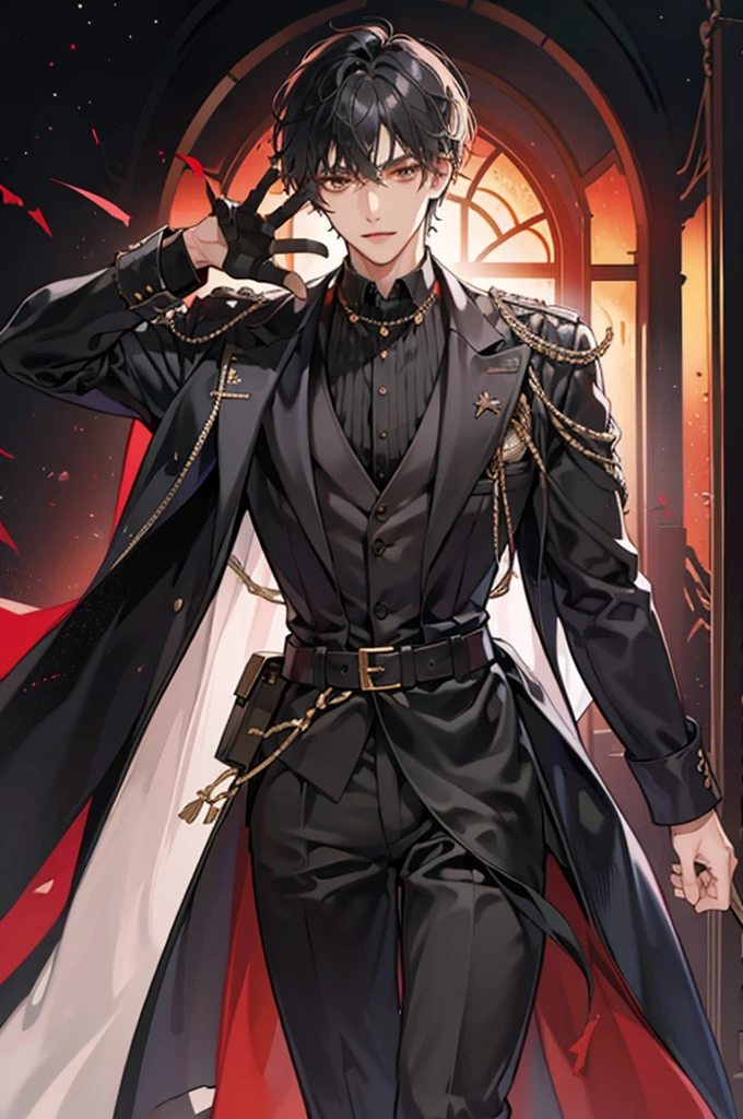 (masterpiece), best quality, seductive eyes, mature face, handsome man, jet black eyes, black wolfcut, black turtleneck, black pants, black coat, broad shoulders, anime cover, 1boy, masculine, smoking, adult-like look