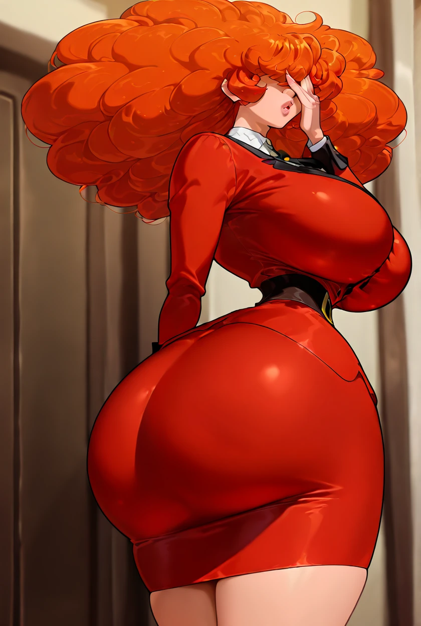 (masterpiece:1.2, best quality:1.2, beautiful, high quality, highres:1.1, aesthetic), detailed, extremely detailed, ambient soft lighting, 4K, perfect eyes, perfect face, perfect lighting,perfect female body, perfect breasts, perfect hips, perfect anatomy perfect hands makima \(chainsaw man\), best quality, ultra detailed, 1girl, solo, standing, tall, red hair, long braided hair, golden eyes, bangs, huge breasts, huge ass, huge thighs, narrow waist, wide hips, thick thighs, curvy, cleavage, face paint, clown outfit, colorful outfit, skintight outfit, jester hat, pointy shoes, stare, smile, looking at viewer, (interview:1.3),