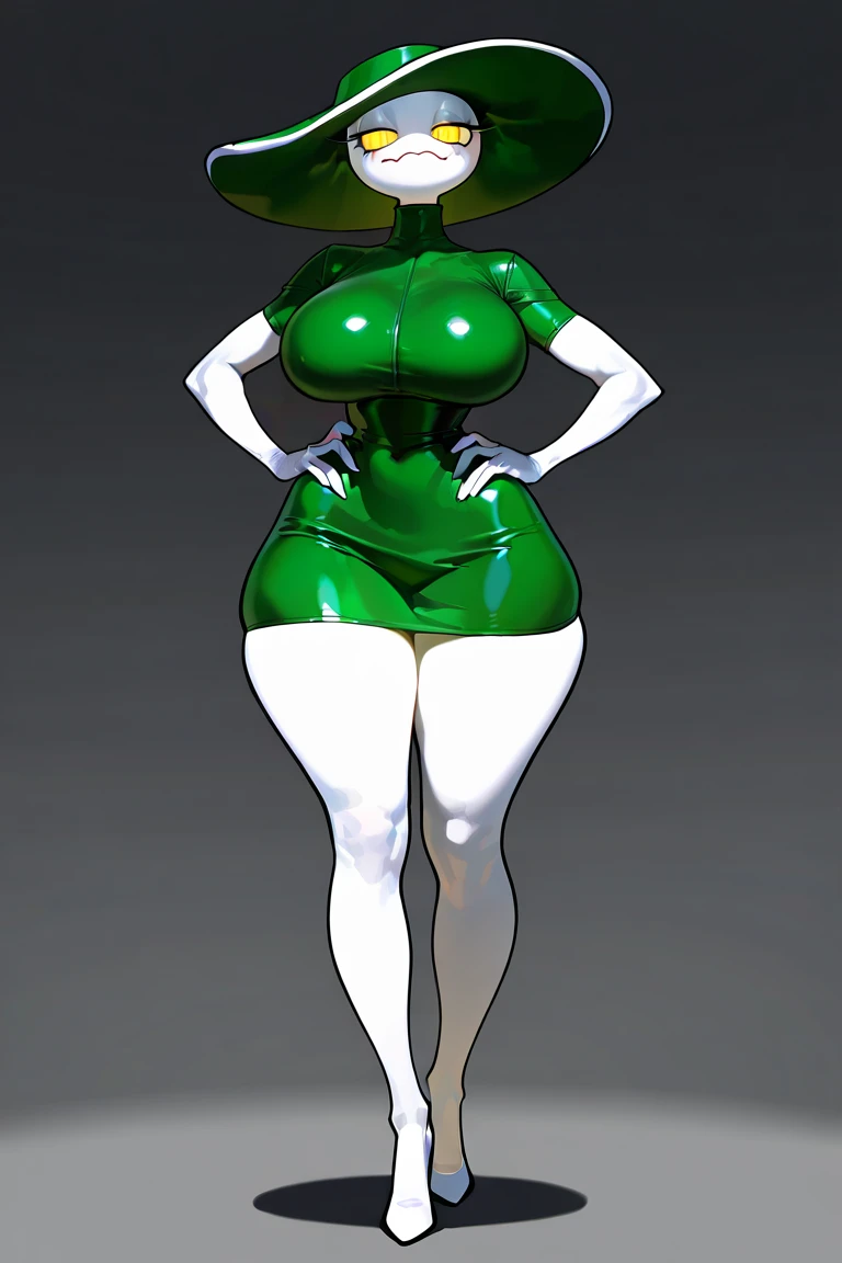 8k,4k,((Best quality, masterpiece, ultra high resolution)),((full body, by pixelsketcher)),  <lora:Toxxine:0.8>,toxxine,bodysuit,  no pupils,glowing, breasts, green skin, colored skin, white eyes,black skin,green theme, mask,black bodysuit, high heels,heels,skin tight,multicolored bodysuit,white background,standing