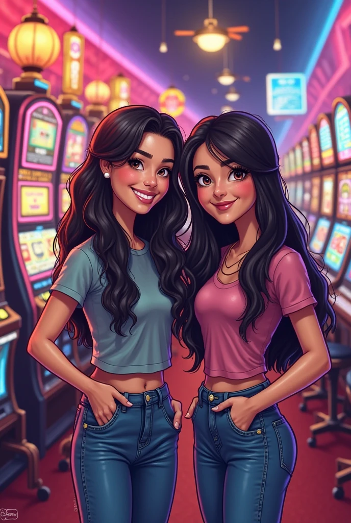 amazing porn, sexually suggestive, two beautiful smiling latina teen pornstars in a school yearbook photo wearing a purple tshirt, wide eyes, small proportional nose, cowboy shot, show navel, perfect body, standing in arcade, wide sparkling eyes, full lips, high ponytail, cowboy camera angle, vneck cleavage, nsfw, standing straight!, wearing blue shorts, they want to distract viewer and make him lose a game