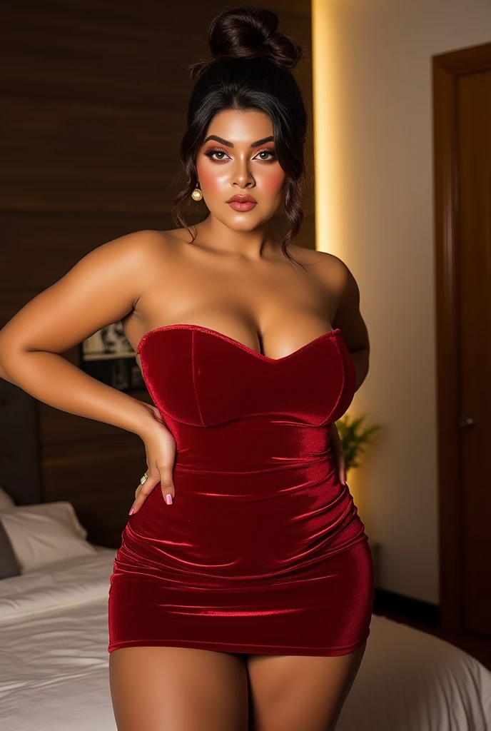 vidya balan Create an image of Vishika Singh in BANGBROS STYEL, glossy satin of Sultry Plus size slim exhibitionist amorou with small breast front. Take off bra, ultra Deep V Neck, without black crosses, and dress her in our signature Romance Novel dress in a midi length, featuring off-the-shoulder ruffle straps, an invisible center back zipper, a tie waist, and layers of gorgeous printed organza. Capture the Pumpkin Froth theme, celebrating October season with a pastel color palette inspired by a frothy pumpkin dessert. Fit Notes: High upper waist fit. BRAZZER STYEL."