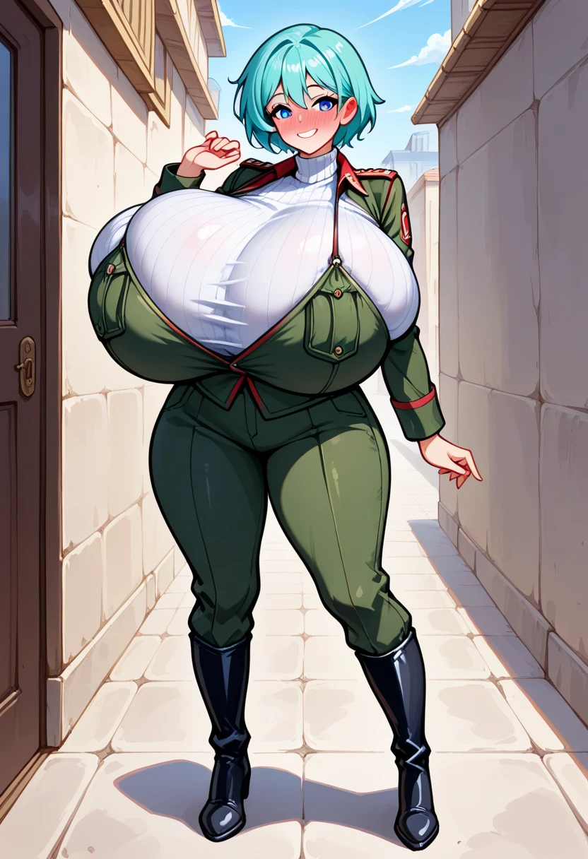 Tall anime milf,massive breasts,massive ass,wide hips,wears army clothes,front full body view,green hair,jewelry,bedroom,((master piece)),((enhanced face)),((enhanced hands))