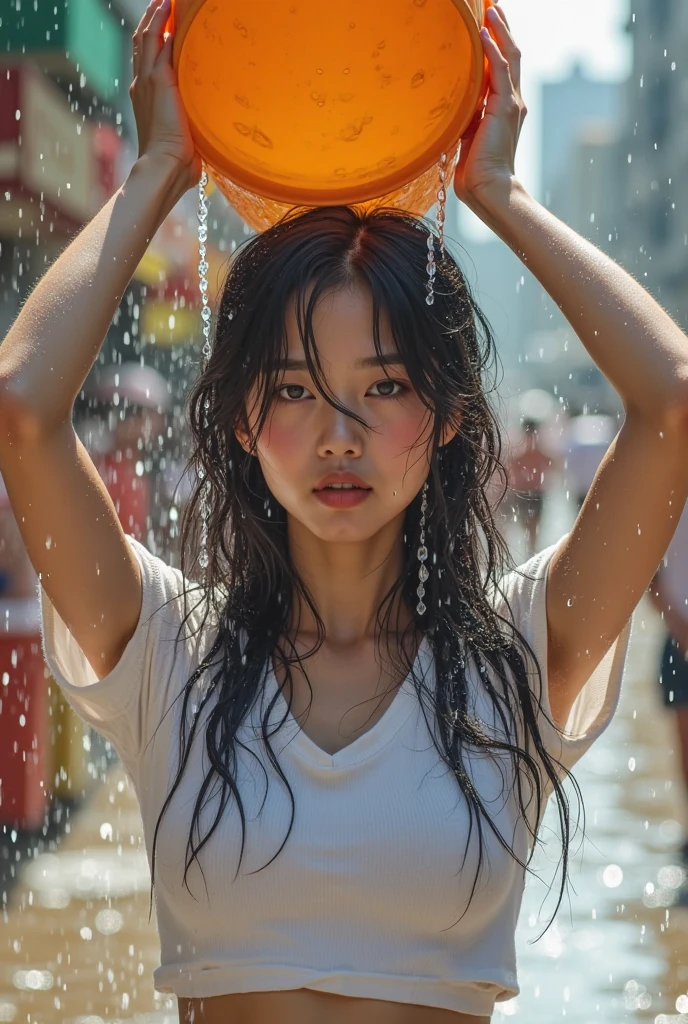 ((best quality)), ((masterpiece)), (detailed), perfect face ((Low angle shooting:1.5)), (Photoreal:1.4, 8K, highest quality:1.3, masterpiece, ultra high resolution), ((Typhoon heavy rain)), Highly detailed skin and facial textures:1.3, perfect dynamic composition:1.2, (Modern city at night, In front of the supermarket at night, expression of sadness:0.7), (go up the stairs:0.7, View from directly below:0.7), Slim office lady wet in the rain:1.2, Fair skin:1.2, sexy beauty:1.1, perfect style:1.1, beautiful and aesthetic:1.1, very beautiful face:1.2, water droplets on the skin, (rain drips all over my body:1.2, wet body:1.2, wet hair:1.3), (Holding a wet shopping bag:1.2, Wet long skirt:1.2, Wearing wet casual clothes:1.3), belt, (big chest, bra is see-through, Chest gap), deep cleavage super open abdomen (Big eyes that exude beautiful eroticism:0.8, adult charm:0.8, Bewitching:0.8), necklace, earrings, bracelet, wedding ring, Highly detailed and accurate hand and finger representation