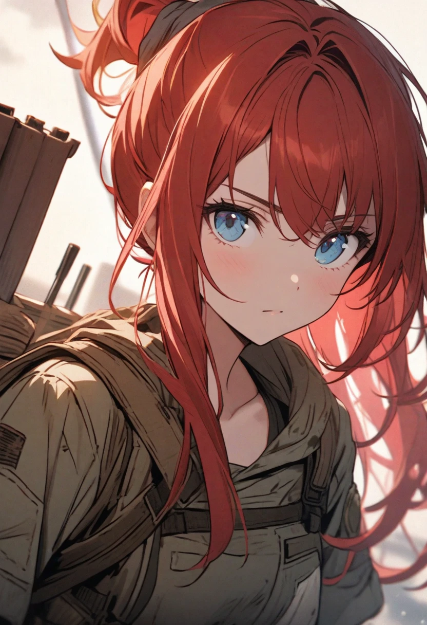 masterpiece, best quality, red hair, blue eyes, wide eyes, hyper-detailed face, post-apocalyptic, ruins on background, summer