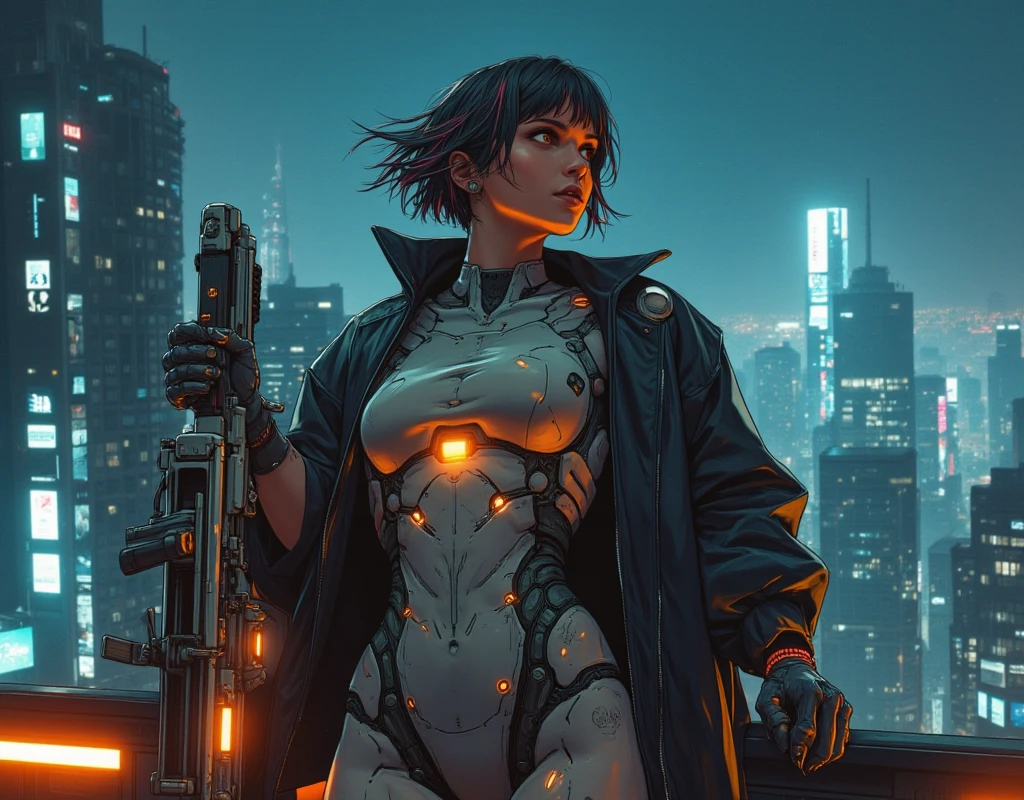 Movie scene, cyberpunk city, city at night, a girl alone, young girl, very beautiful girl on a terrace of a building, very provocative scene, girl with short hair, she has several long strands of colored hair, she has a large breasts, orange ligthts on her body, she wears a latex bodysuit, the bodysuit has several connections, it has cables in the bodysuit, she wears a very very short open jacket, she has a big futuristic sniper laser rifle, the rifle has some cables connected to the bodysuit, the scene is very striking, the scene is a masterpiece