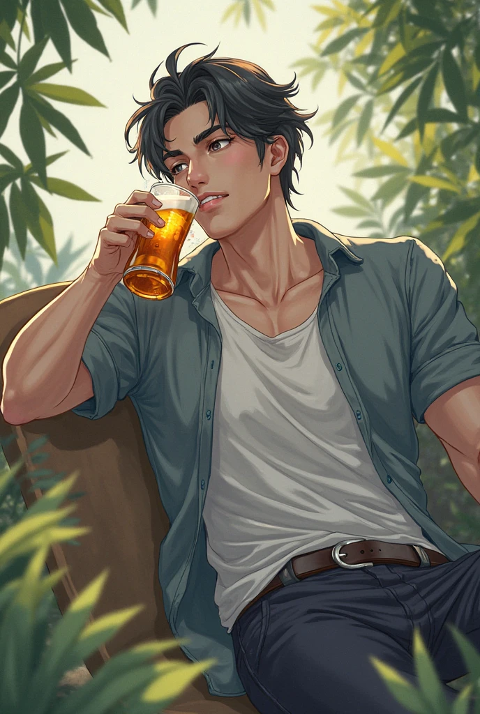 Male swimsuit briefs, three agers, high school student, short hair, next to the creek in the field, playing in the water, fangs, heat, shut up, abs, full body, single, barefoot, naked, full body wet, holding a glass of juice
