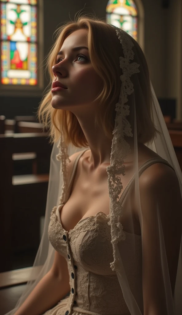 hyperrealism, (photorealistic:1.2), (photorealistic light:1.3), masterpiece, best quality, perfect detail, professional photo, realistic photo, raw photo, realistic style, detailed face, young girl 19 years old, blonde, very thin, very small breasts , white veil, bridesmaid dress, neckline, open shoulders, white stockings, posing in church, gothic lighting