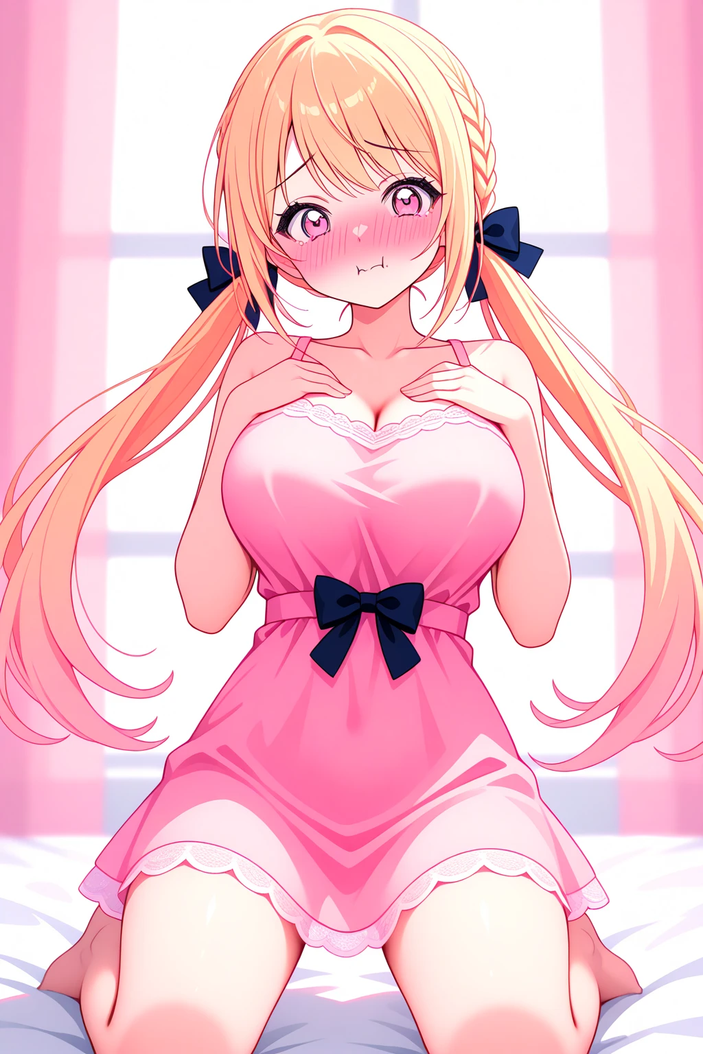 4kqulity, top-quality, , big breast,)on the beds, show breasts, 16age, sexypose, ultra-mini beautiful lingerie and stockingewitchingbeauty legs, closing eye Feeling face Love Pee, show vaginal rupture,pink microbikini, twin_drills, twintails, long hair, cat ears, yellow cat ea, red eyes, Himeko, bare shoulders, sleeveless, tail, hair bow, pink stockings
