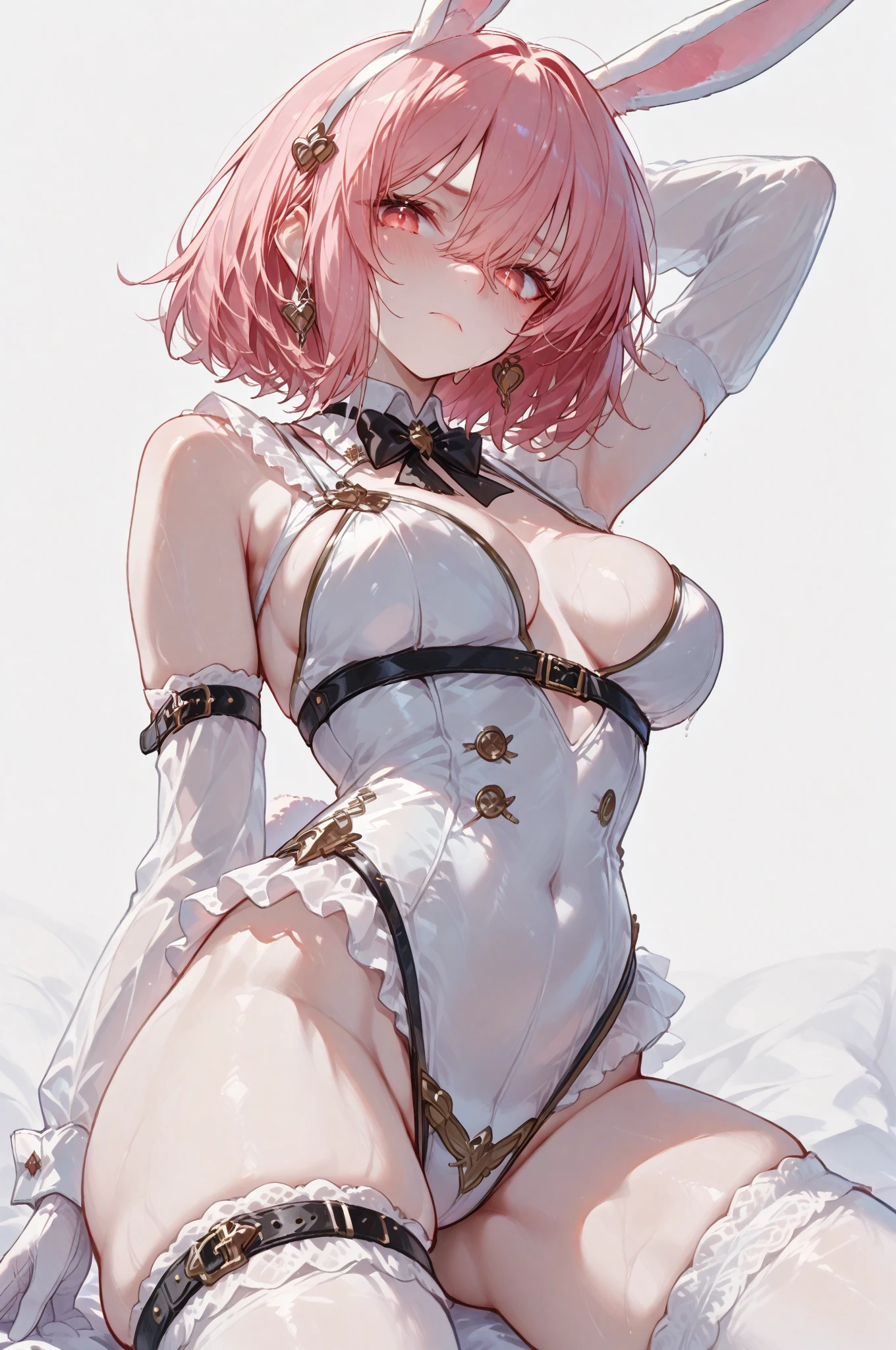 A young princess, beautiful, short pink hair, green eyes, She wears a sexy white lingerie set, has medium tits, her face shows a perverted smile, she is in a luxurious room in a castle.