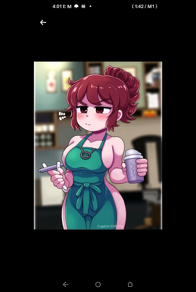 RanmaChan, Red hair, Braided hair, blue eyes, detailed eyes, whole body, Cleavage Bulge, POV Breast Grab, Bust Cup / Cum In-between Booba, iced latte with breast milk