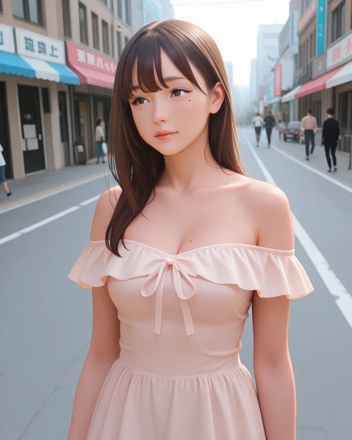 Woman posing on street corner in pink dress, top quality, girl 1 person, big breasts, sun, bright, blurred background, bokeh, outdoor, (street: 0.8), (people, crowd: 1), dress (cropped with lace): 1.5, sleeveless dress, light blue clothes, light blue high neck dress: 1.2, blue dress: 1.5), gorgeous (short hair, forehead: 1.2), Beautiful sky in detail, earrings, (Dynamic pose: 1.2), (upper body: 0.8), soft lighting, wind, shiny skin, smile, --auto --s2