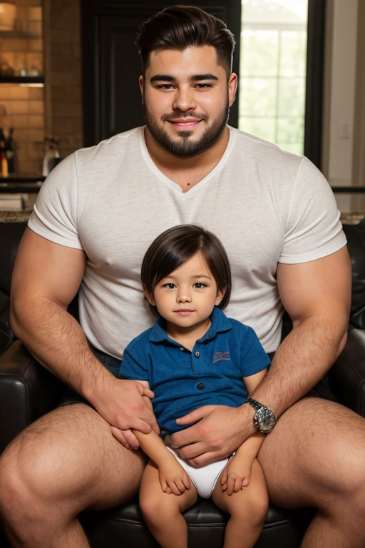 Create a picture of a man who can be seen down to his legs, he is sitting on the playground with a child. He has blue eyes, a short black beard and wears his cap backwards. You can see a scar that goes up to the eyebrow. He is a broadly built man
