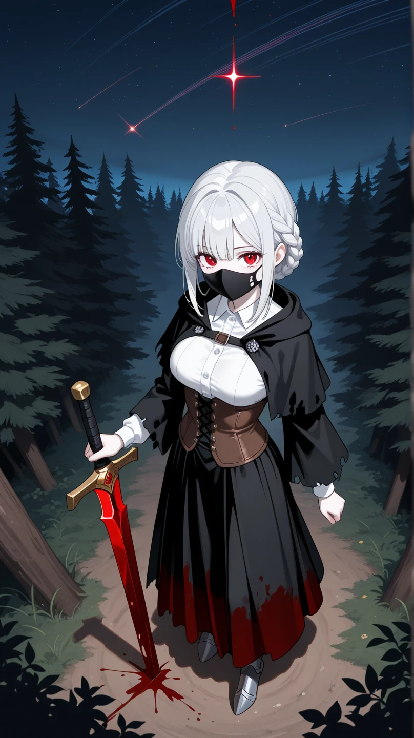 masterpiece,best quality
1girl, (necromancer),scythe, outdoors, graveyard, belt, , cape, cleavage, dress, gloves, grey_background, long_hair, , open_mouth, red_eyes, skeleton, skull, solo, sword, white_hair