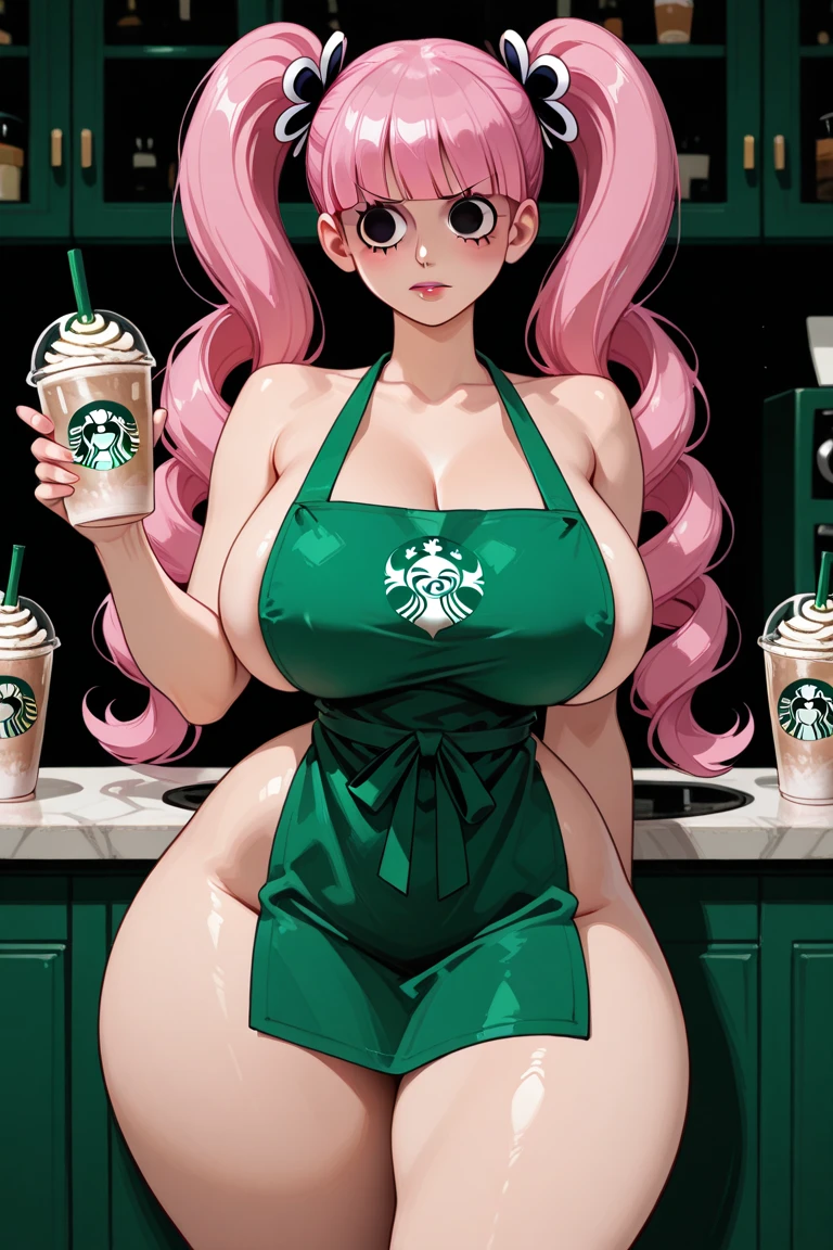 An Idol k-pop girl, cute face, braid hair, intricate face details, detailed face, golden ratio face, ((big breasts:1, slim waist, big butt, big hip, big thighs)), ((intricate hands, intricate feets)), full body, 64K, UHD, HDR, global illumination, (high quality, high detailed, hyper detailed, extremely detailed), photo realistic, ultra realistic, art photo, (clarify the details, detailed parts body), intricate artwork masterpiece, trending on artstation, (lewd face), tight clothes, shop background, ((right hand holding Starbucks, left hand holding pen)), wearing apron