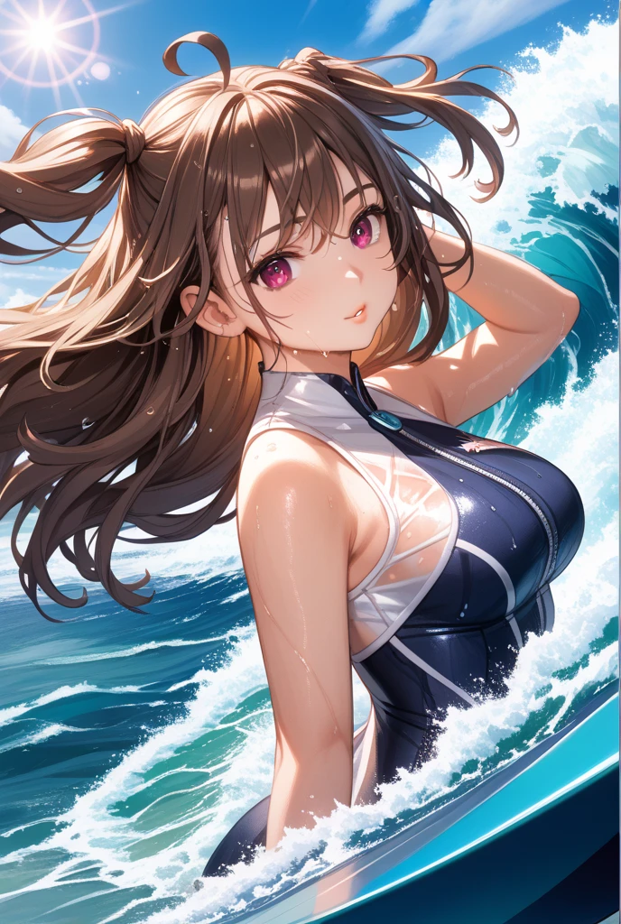 (((slingshot swimsuit ))),(gigantic cleavage breasts:1.5),(nakeness),(Solo),(White background)，Long black hair，Black colored eyes，Stand up，The right hand crosses the waist，，Super-heeled sandals，grin