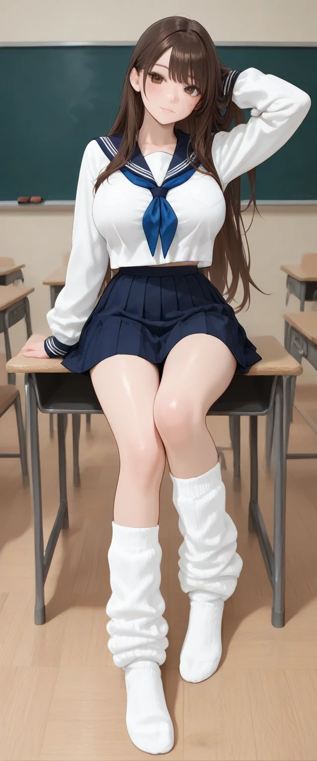Masterpiece Top Quality High Resolution、Anna Tanaka , Long hair, Sit with your knees bent、Eight-headed body、beauty legs 、in a school、As if looking up from below、Ashamed、(((Mansuji ga Mekosji)))、((M-shaped legs))